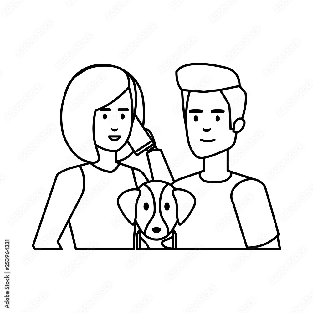 young couple with smartphone and dog young couple with smartphone and dog
