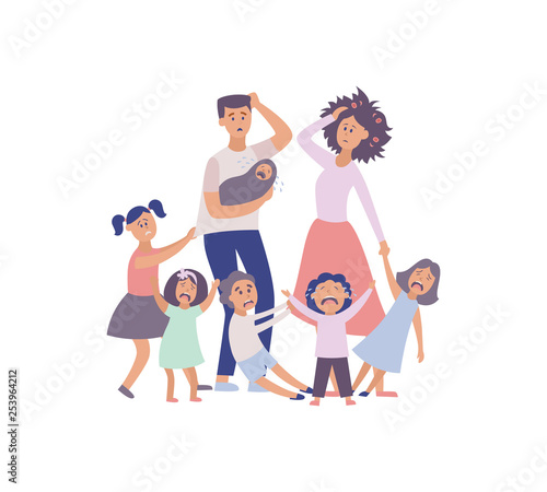 Vector parenting problem big family tired parents