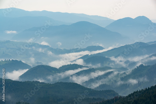 Breathtaking panoramic view of magnificent foggy mountains, covered with evergreen forest on misty quiet morning or evening under light clear sky. Distant layers mountains range in morning. © Creatikon Studio