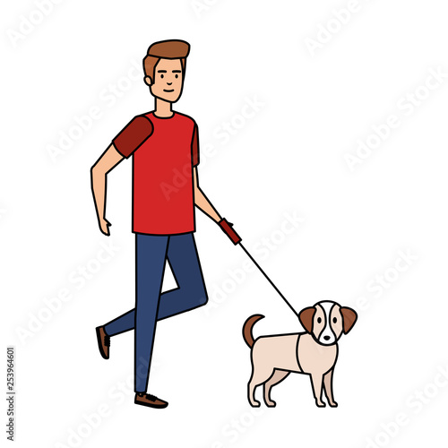 young man walking with dog