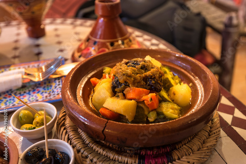 Tagine with beef and vegetables - traditional food of Morocco. Traditional moroccan cuisine. 