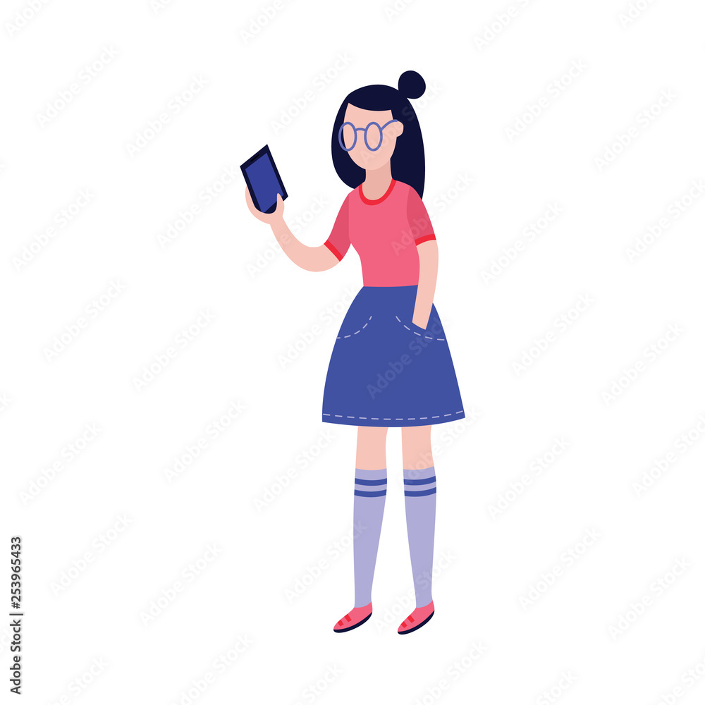 Young woman using mobile phone or making photo or video of herself with camera on smartphone. Young woman using mobile phone or making photo or video of herself with camera on smartphone.