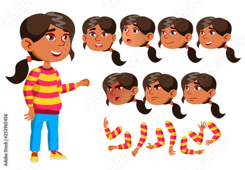 Arab, Muslim Girl, Child, Kid, Teen Vector. Smile. Cute. Happiness Enjoyment. Face Emotions, Various Gestures. Animation Creation Set. Isolated Flat Cartoon Character Illustration
