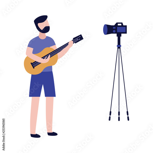 Young man playing guitar and recording video with camera in flat style.