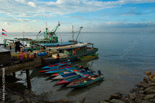 Sandakan. Malaysia. 11/26/2018. Berth marine fish market. Fishing boats and boats rest after unloading the catch of fish for sale.