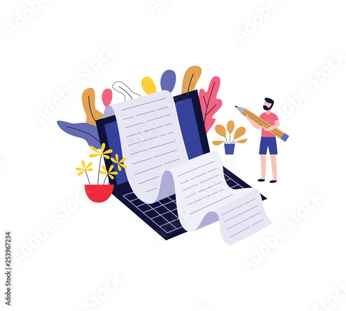 Young man holding big pencil and writing story on laptop.