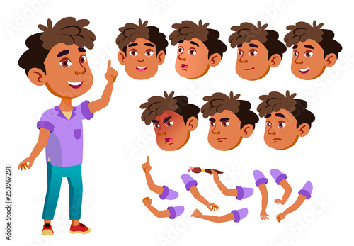 Arab, Muslim Boy, Child, Kid, Teen Vector. Little. Funny. Junior. Friendly. Face Emotions, Various Gestures. Animation Creation Set. Isolated Flat Cartoon Character Illustration