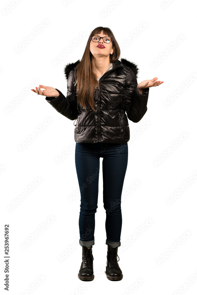 Full-length shot of Woman with glasses unhappy because not understand something Full-length shot of Woman with glasses unhappy because not understand something
