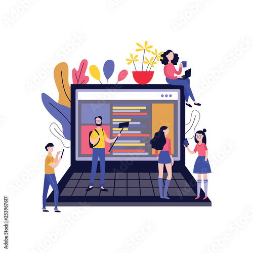Vector illustration of bloggers creating content and followers reading and watching posts in blog.