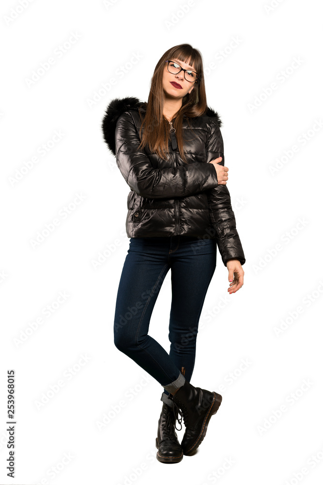 Full-length shot of Woman with glasses with glasses and happy Full-length shot of Woman with glasses with glasses and happy