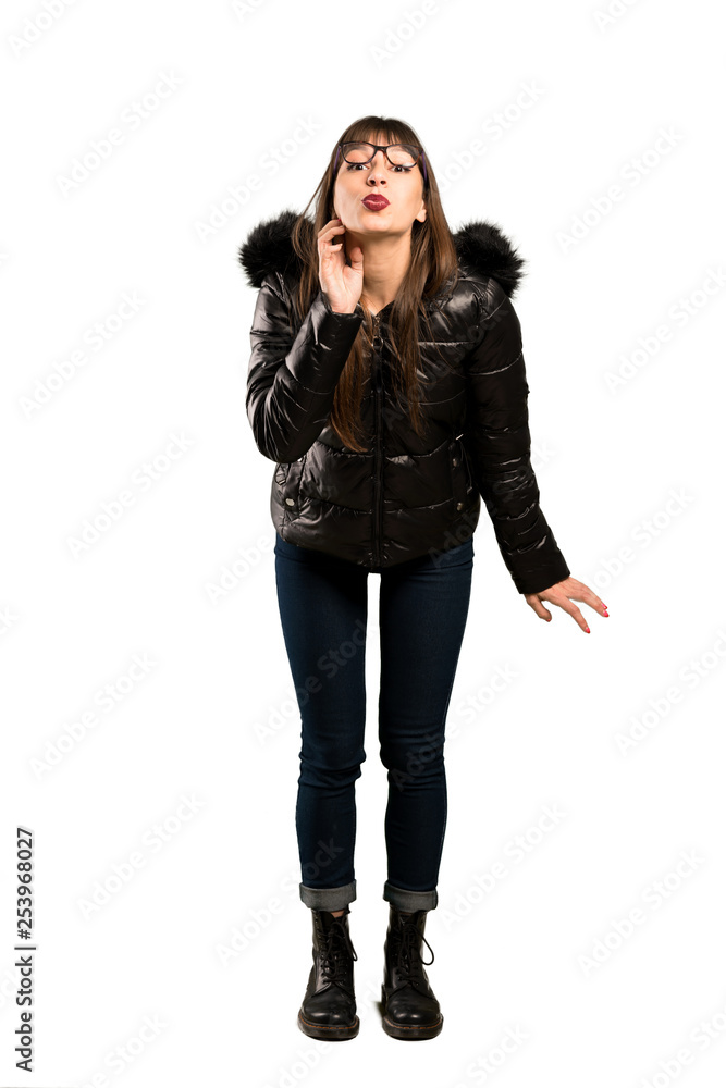Full-length shot of Woman with glasses with glasses and surprised Full-length shot of Woman with glasses with glasses and surprised