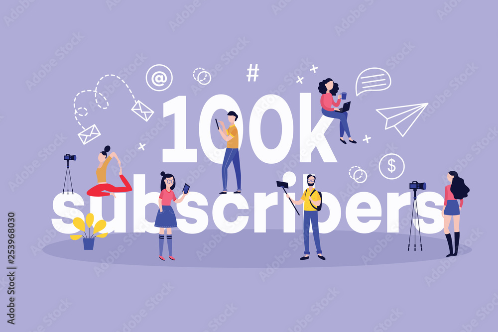 100k subscribers horizontal banner with various bloggers and followers around big sign.