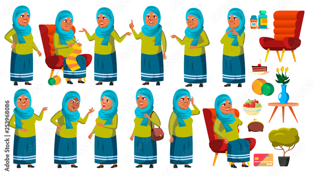 Obraz premium Arab, Muslim Old Woman Poses Set Vector. Elderly People. Senior Person. Aged. Cute Retiree. Activity. Advertisement, Greeting, Announcement Design. Isolated Cartoon Illustration