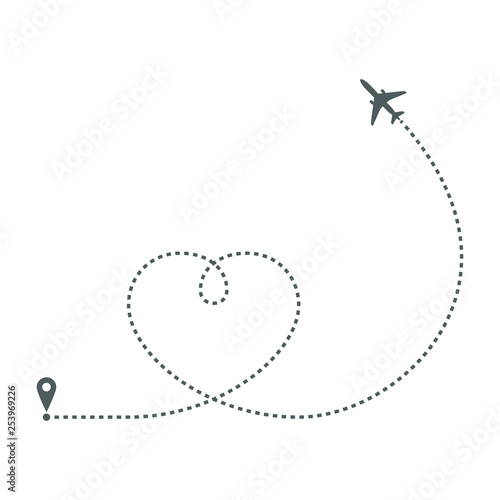 Airplane route in dotted line shape. Abstract airplane flying  on white background. Travel concept vector illustration