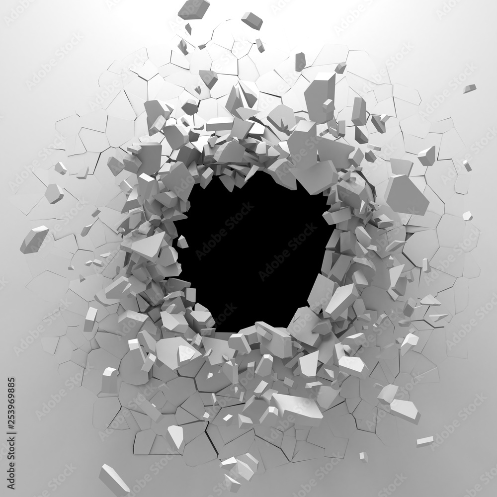 Fototapeta Ciemne zniszczenie popękana dziura w białej kamiennej ścianie