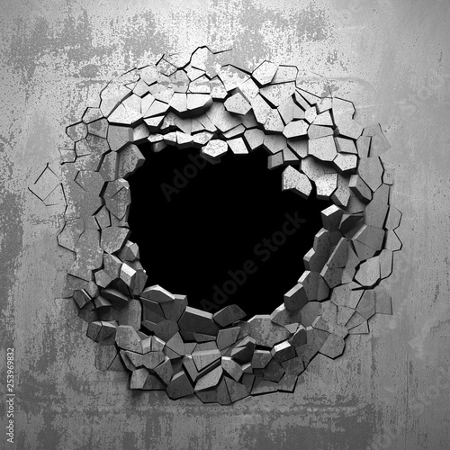 Fototapeta Naklejka Na Ścianę i Meble -  Dark cracked broken hole in concrete wall