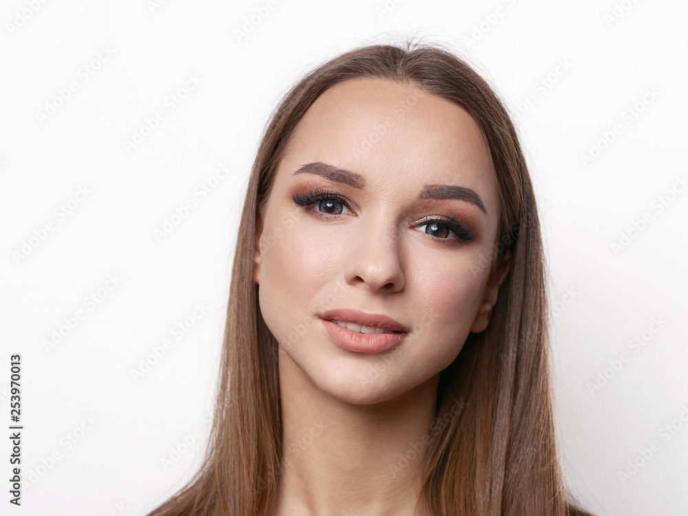 Portrait of beautiful elegant girl with blond hair, trendy styling, beautiful makeup, glossy, smooth skin posing for makeup artist social network portfolio Portrait of beautiful elegant girl with blond hair, trendy styling, beautiful makeup, glossy, smooth skin posing for makeup artist social network portfolio