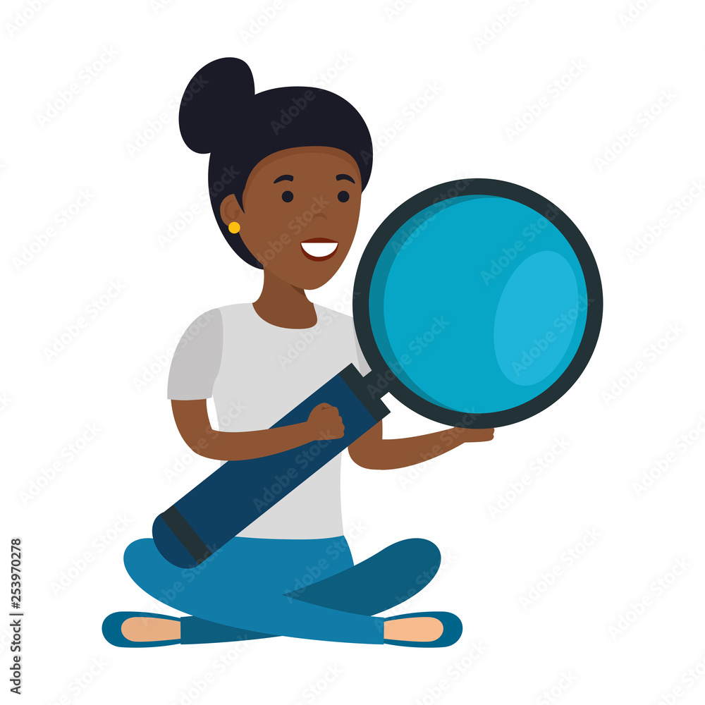 young black woman in lotus position with magnifying glass young black woman in lotus position with magnifying glass