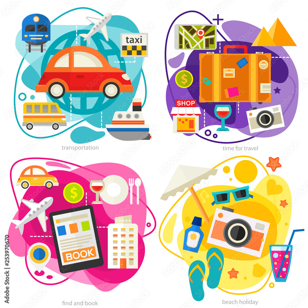 Time for travel four concept banners. Square composition, vector illustrations. Trendy ameoba style Time for travel four concept banners. Square composition, vector illustrations. Trendy ameoba style