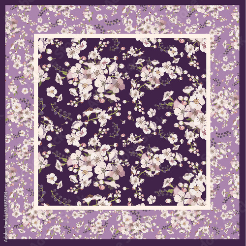 Design scarf in modern style. Spring cherry flowers on purple and lilac background. Vector illustration