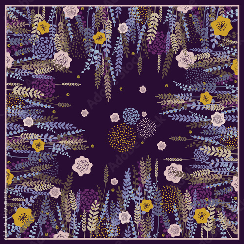Design scarf in vintage style. Lavender and meadow flowers on a dark purple background. Hand-drawn vector illustration