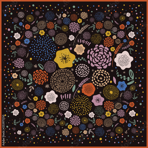 Design scarf in ethnic style. Meadow flowers on a black background. Hand-drawn vector illustration