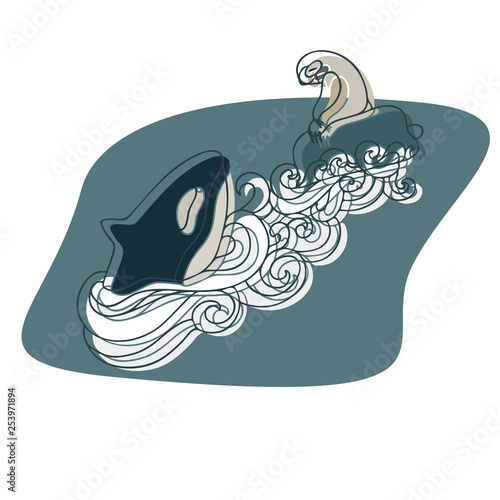 Lenivitz and the whale. Vector design with stylized animals. Can be used for printing on paper, stickers, badges, bijouterie, stickers and t-shirts.