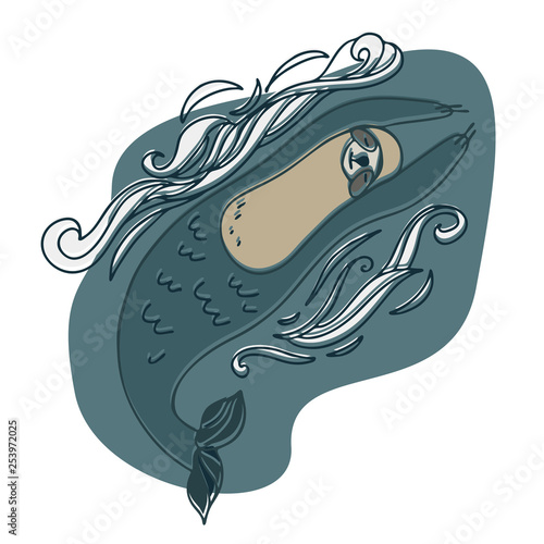 Sloth like a mermaid. Vector design with stylized animals. Can be used for printing on paper, stickers, badges, bijouterie, stickers and t-shirts.