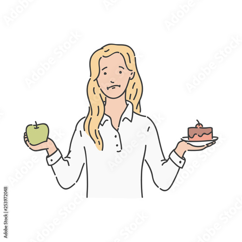 Vector woman makes choise green apple cake
