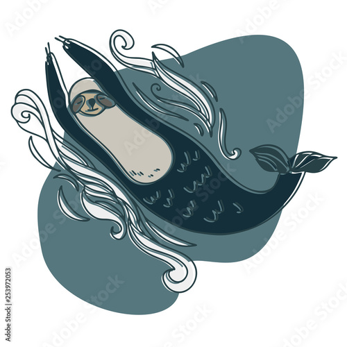 Sloth like a mermaid. Vector design with stylized animals. Can be used for printing on paper, stickers, badges, bijouterie, stickers and t-shirts.
