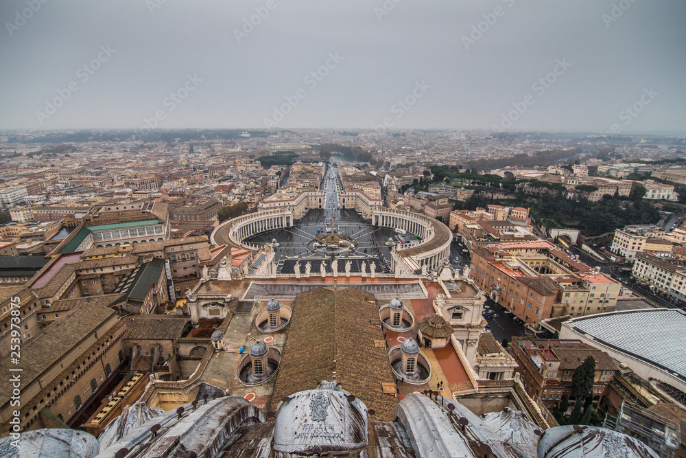 Vatican city - November, 2018: Aerial View of St. Peter's Square, Vatican City, and Rome from the top of St. Peter's Basilica Vatican City, Rome, Italy