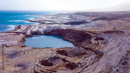 Panoramic View to the Salty Coastline of the Dead Sea, Israel