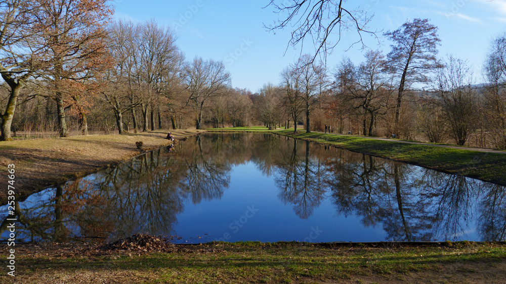 öffentlicher Park von Schloss Favorit, am See in Förch mit hohen Bäumen