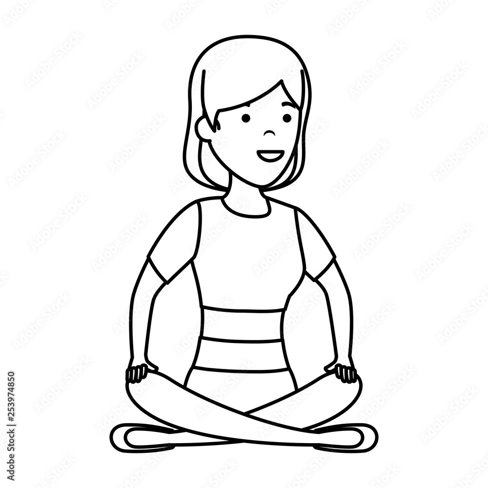 young woman in lotus position with store building young woman in lotus position with store building
