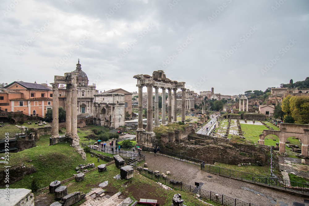 Rome, Italy - November, 2018: The Roman Forum beautiful representative picture of antique ruins. The historical center of the Forever City.