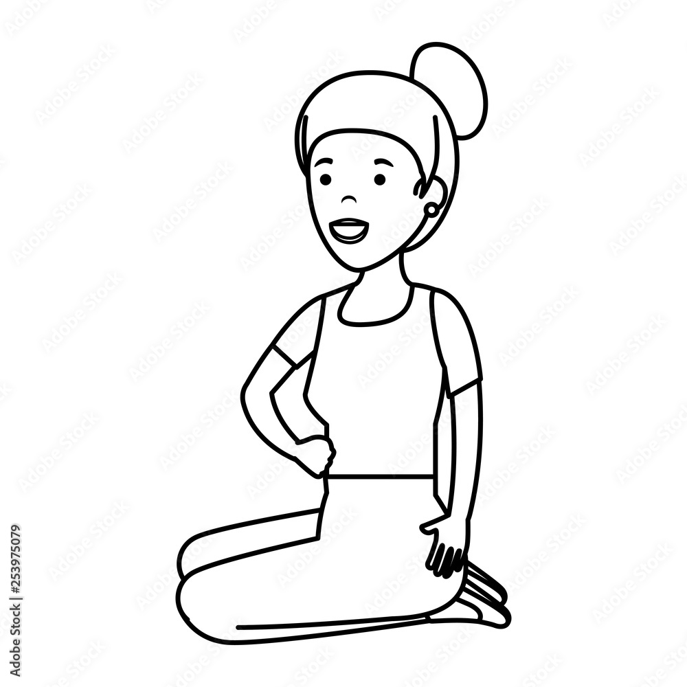 young woman in lotus position with store building young woman in lotus position with store building