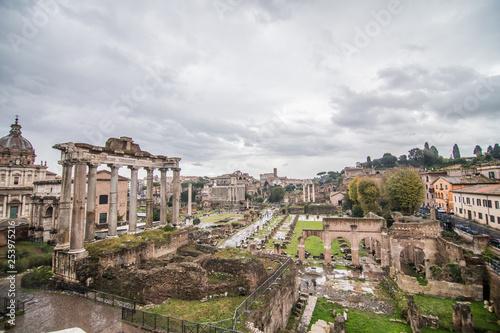 Rome, Italy - November, 2018: The Roman Forum beautiful representative picture of antique ruins. The historical center of the Forever City.