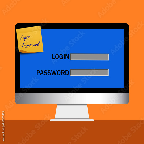 Vector illustration of IT security breach and vulnerability educational concept. Sticky note with password on computer screen. 