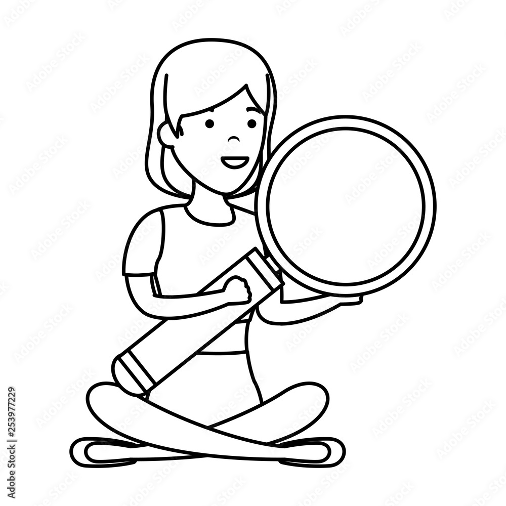 young woman in lotus position with magnifying glass
