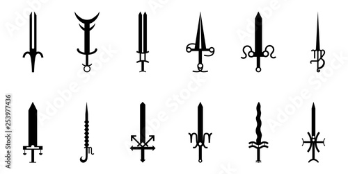 Set of 12 Zodiac Swords Icon. Zodiacal Weapon Collection: Aries, Taurus, Gemini, Cancer, Leo, Virgo, Libra, Scorpio, Sagittarius, Capricorn, Aquarius, Pisces. Vector illustration for Your Design.