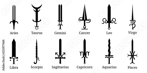 Set of 12 Zodiac Swords Icon. Zodiacal Weapon Collection: Aries, Taurus, Gemini, Cancer, Leo, Virgo, Libra, Scorpio, Sagittarius, Capricorn, Aquarius, Pisces. Vector illustration for Your Design.