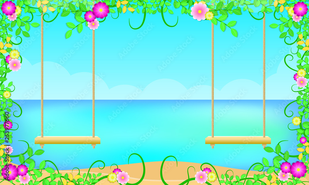 Naklejka premium summer season beach around with leaf flowers beautiful blue sky sea holiday. two swing for relationship lover. vector illustration eps10
