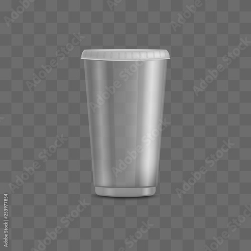 Empty clear transparent disposable plastic cup with closed lid and cap.