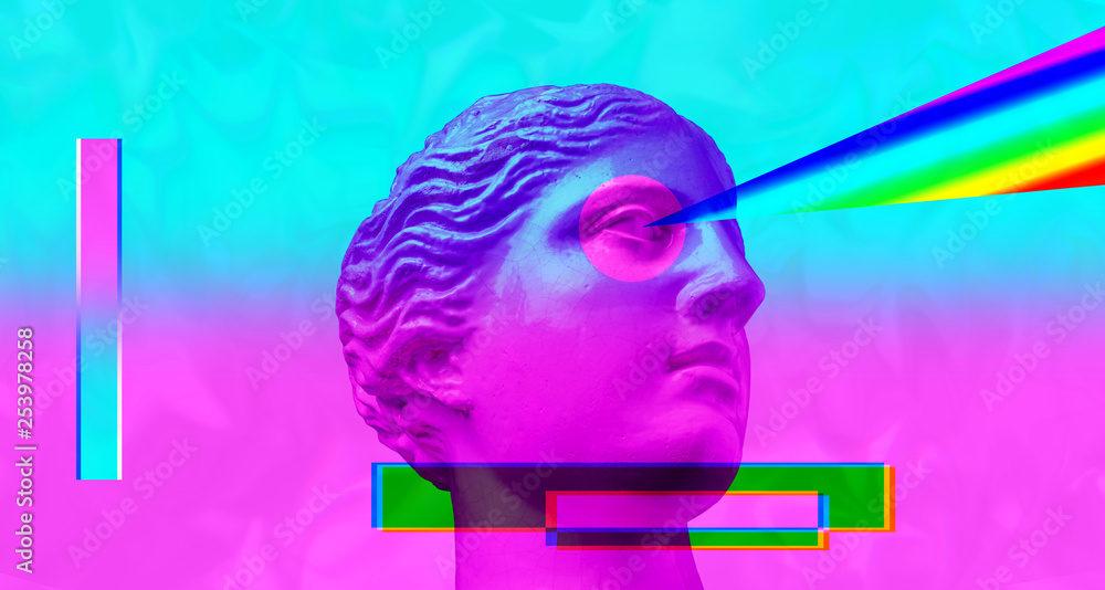 Purple pink antique sculpture on a retro vaporwave background. Contemporary art collage. - obrazy, fototapety, plakaty 