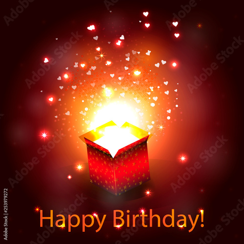 Layout for a holiday card in burgundy color with a gift and sparkles that glow. Vector graphics