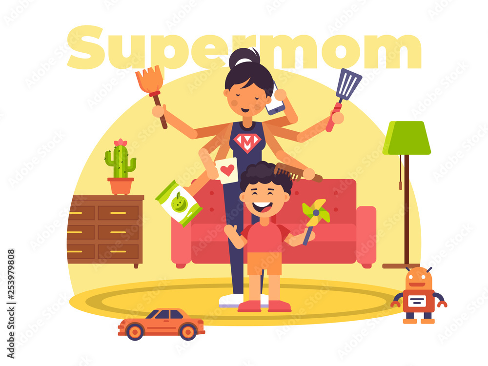 A colourful illustration of a supermom who has superpowers A colourful illustration of a supermom who has superpowers