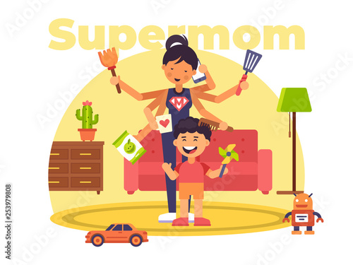 A colourful illustration of a supermom who has superpowers