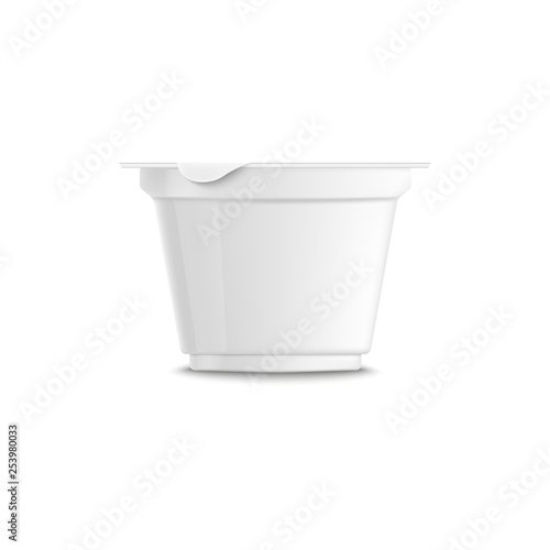 Empty clear white plastic trapezoidal yogurt 3d realistic container with closed lid and grooved.