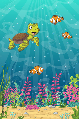 Cartoon turtle and clown fish, unterwater landscape with separate layers.