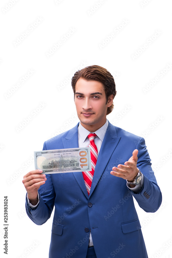 Elegant man with banknote isolated on white Elegant man with banknote isolated on white